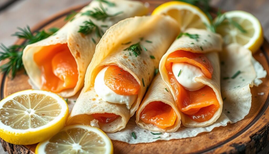 Crêpes roulées au saumon fumé et fromage frais